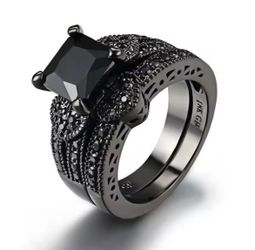 Black Crystal Promise Heart Black Ring for Women 2pc