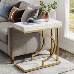 Tribesigns Narrow Side Table White Gold C Shaped End Table Modern Small Bedside Tables for Couch, Sofa Chairside Tables with Metal Frame for Living Ro