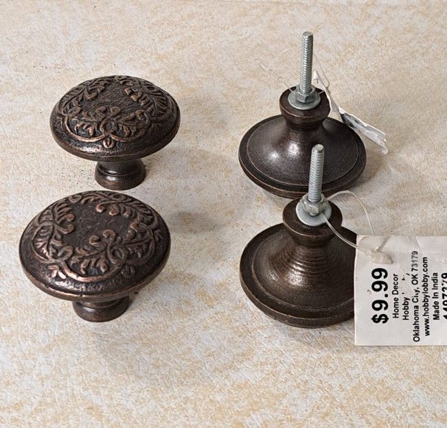 4 Victorian Cabinet Knobs Cast Iron Embossed Leaves Antique Brass Finished