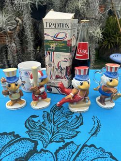 1984 Olympic Sam The Eagle Figures + Mugs + Unopened Coke Bottle 