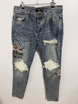 AMIRI LIGHT BLUE DISTRESSED BIRD PATCH DENIM JEANS NEW COLLECTION