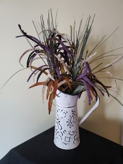 Distressed White Metal Pitcher With Silk Foliage