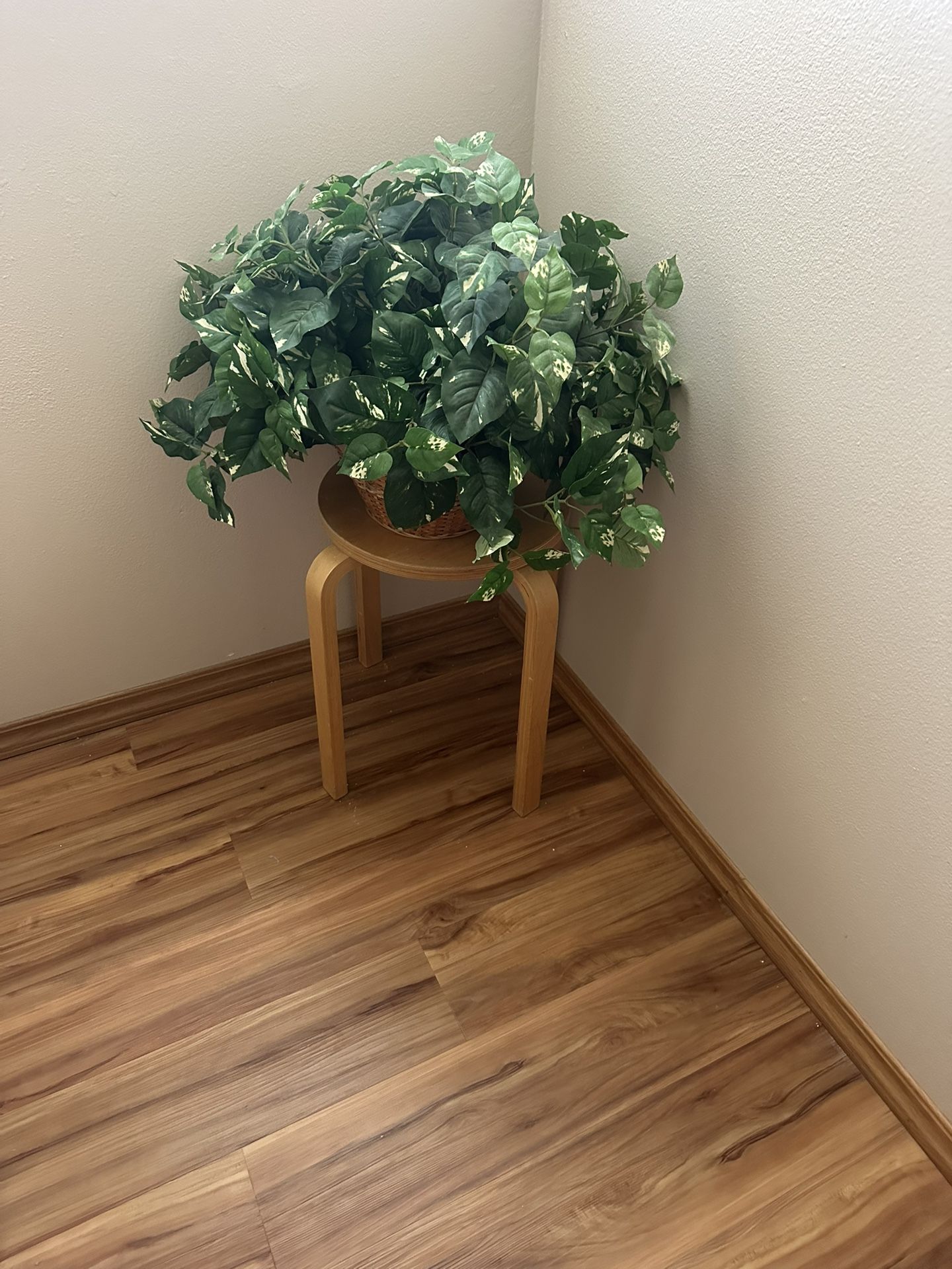 IKEA brand end table with basket and fake plant. Table measures 13”Diameter and 18” Tall.