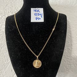 18K Solid Gold Chain and San Lazaro Pendant 12.5Gr 25 Inches Long 