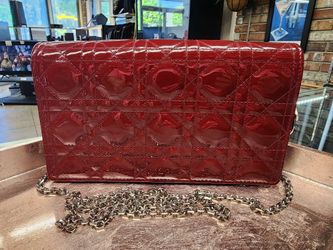 Christian Dior Lady Dior Pouch w/ Chain Cherry Red Patent Cannage Calfskin