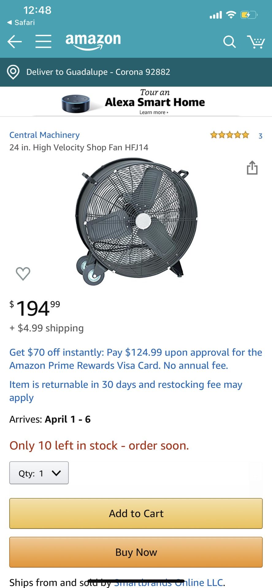 Central machinery high velocity shop fan