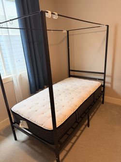 Single bed, frame, curtains and mattress