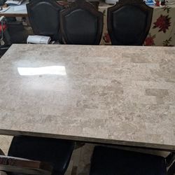 🍽 Elegant 6-Piece Dining Table Set – Marble Top + Carved Wood Chairs