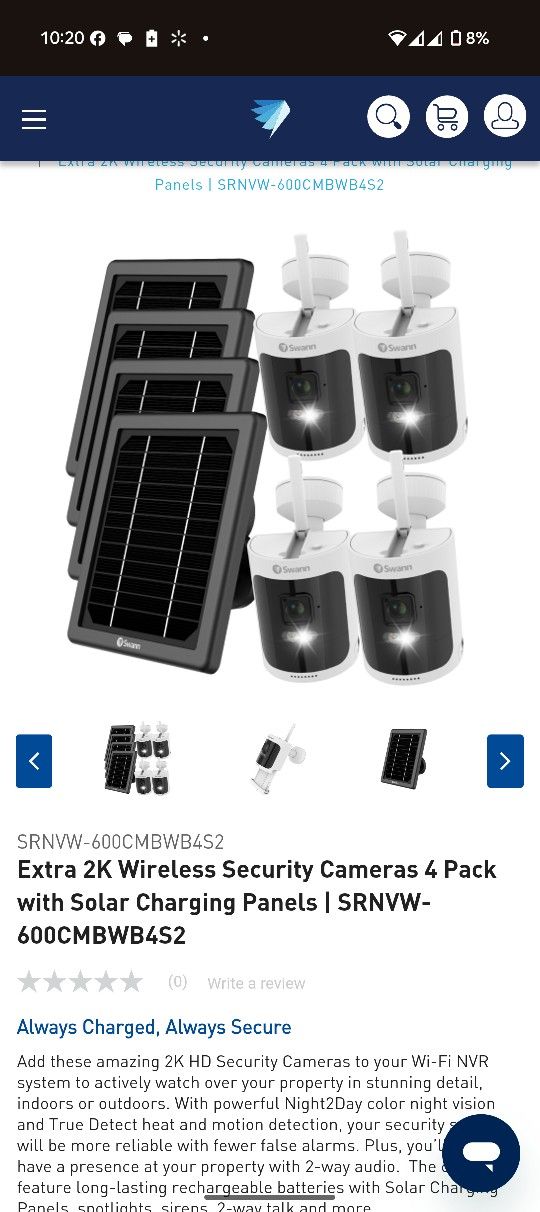 Extra 2K Wireless Security Cameras 4 Pack with Solar Charging Panels | SRNVW-600CMBWB4S2
