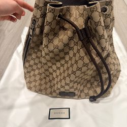Brand New  Gucci Leather Canvas Double G Monogram Logo Drawstring Backpack