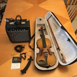 NEW Stagg electric acoustic violin built-in electronics, case, bow, cable, fine tuners. (TRADE???) 4/4 Full size in a traditional wood violin finish. 