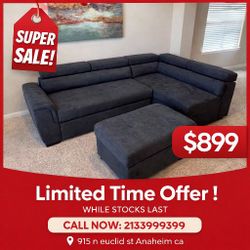 97" Dark Gray Fabric Sleeper Sofa Sectional with Adjustable Headrest and Storage Ottoman