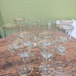 Vintage 5 Gold Rimmed Bands Plated Crystal Wine Cordial Glasses 5” Tall 4 Cocktail Parfait Glasses with Gold Trim Gold Bands and  6 Water Glasses