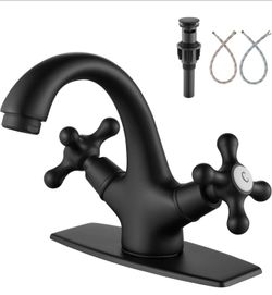 Bathroom Sink Faucet Single Hole Cold and Hot Double Handle Cross Knobs Vanity Vessel Sink Basin Mixer Tap with Deck Cover Plate with Pop Up Drain Mat