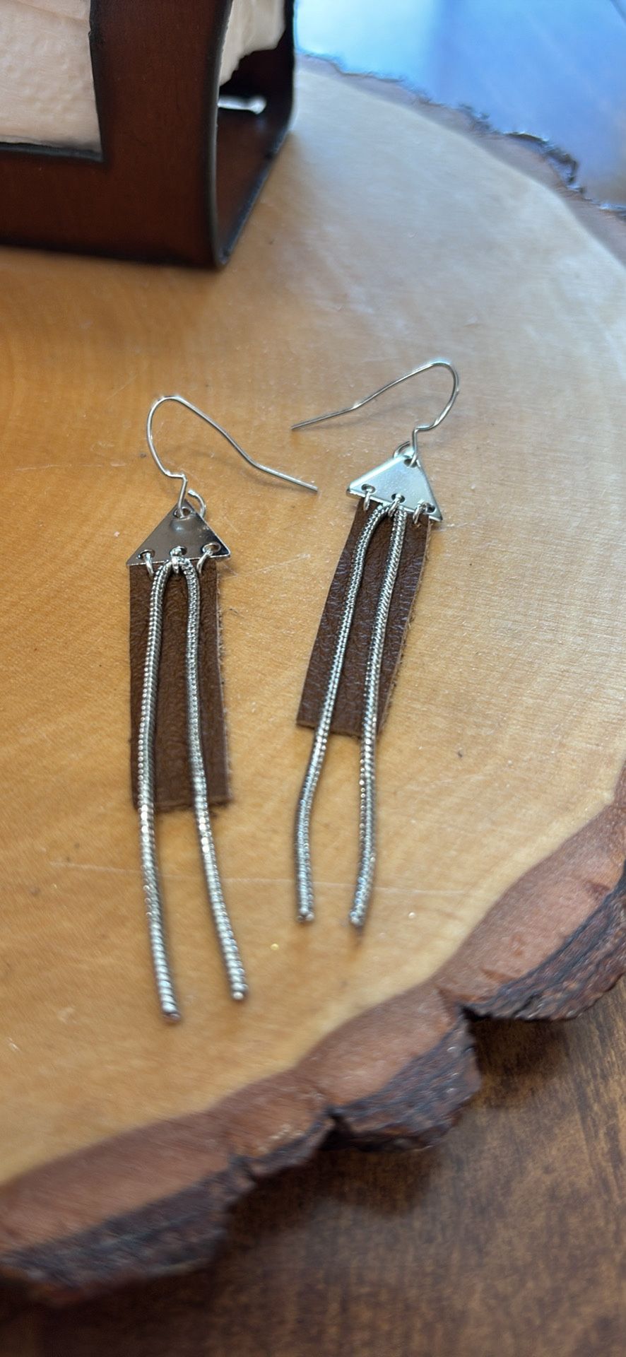 Pair of nickle free iron (rhodium color) and brown leather dangle earrings fishhook ear wires 3” Western style
