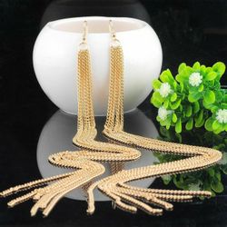 Extra Long Gold Fringe Tassel Chain Statement Dangle Drop Earrings