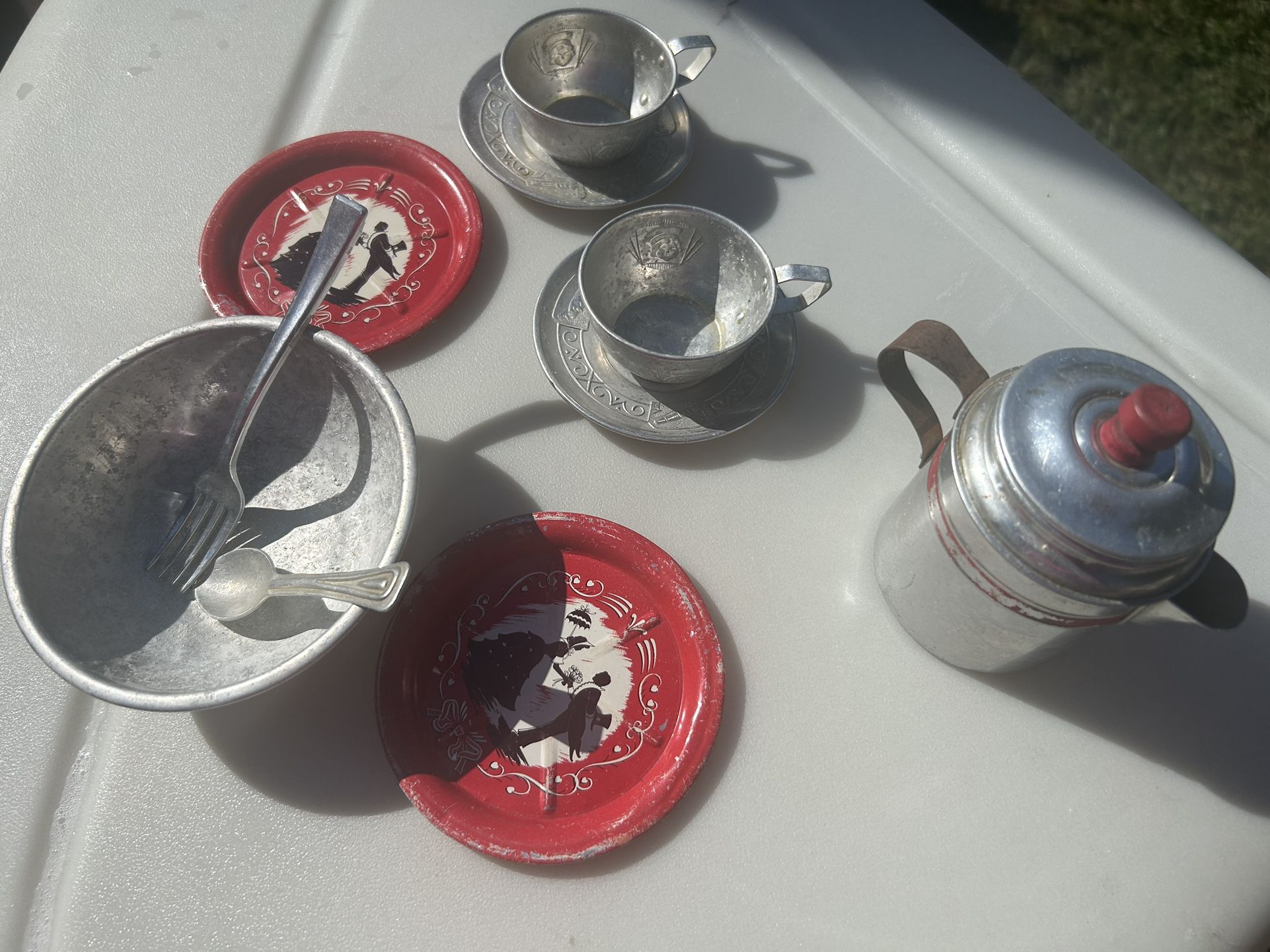 Mid Century Modern Child’s Aluminum Teapot With Miscellaneous Accessories 10 Pieces