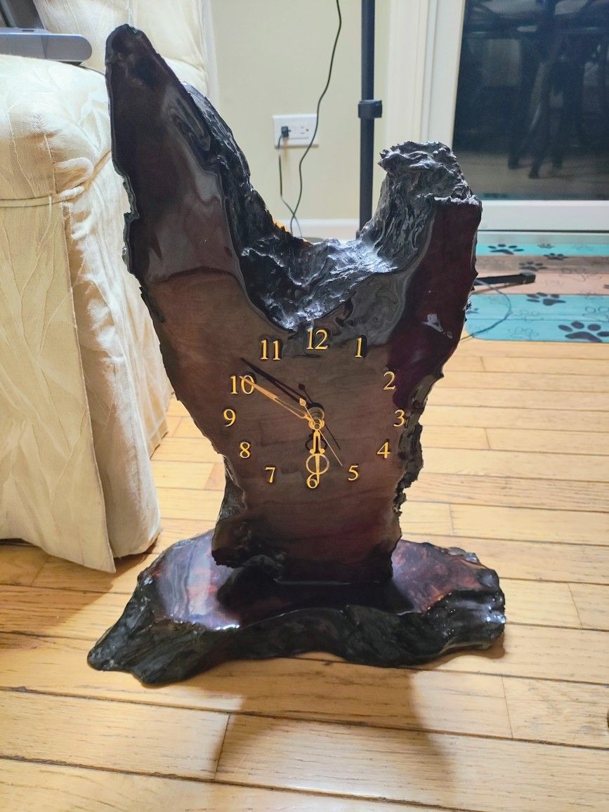 handmade vintage live edge redwood burl wood slab clock.