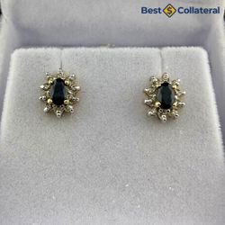 Blue Stone and Diamond Earrings in 14k Gold