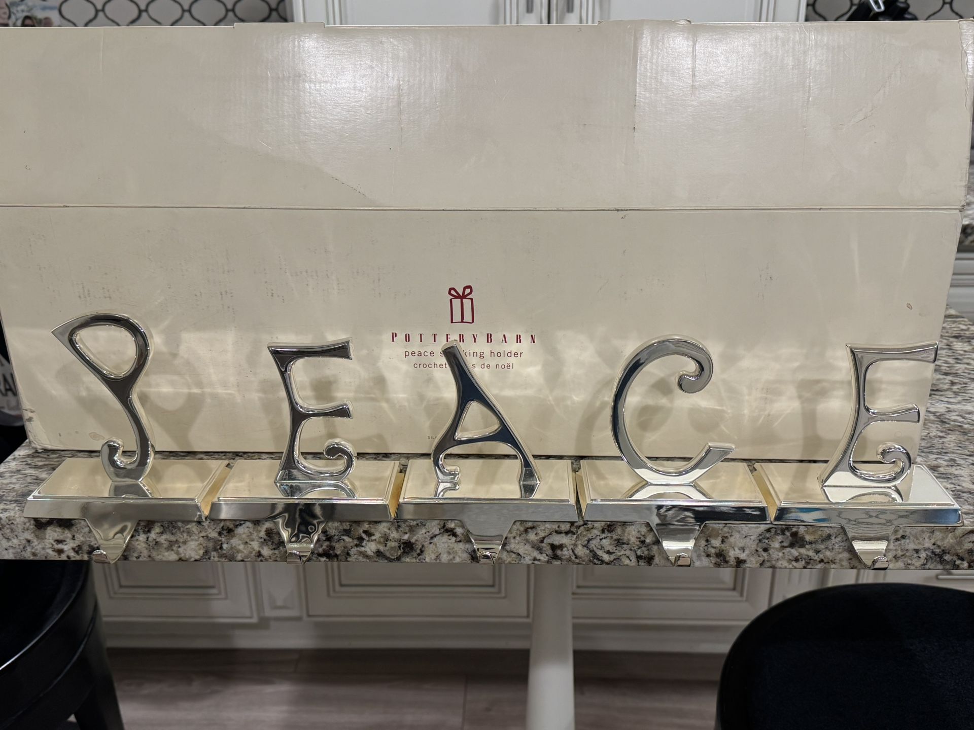 5 Pottery Barn Silver Stocking Holders: PEACE