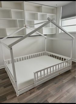 White Wood House Frame Floor Bed with Rails