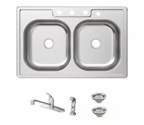 Shop Glacier Bay 33 in. Drop-In 50/50 Double Bowl 20 Gauge Stainless Steel Kitchen Sink with Faucet and Sprayer