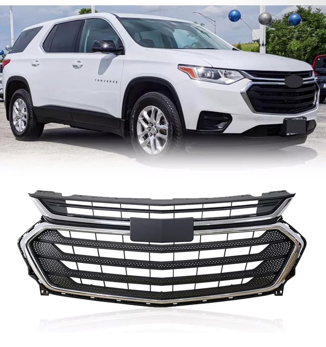 Front Bumper Grille Upper Chrome Grill Black Compatible with Chevrolet Traverse 2018 2019 2020 2021