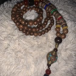New Vintage Nepal Long Buddhist Mala Wood Beaded Pendant & Necklace