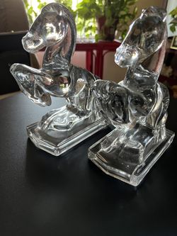 Vintage Rearing Horses Clear Glass Bookends  Thumbnail