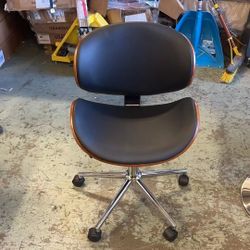 Ergonomic Home Office Desk Chair Modern Mid-Century Bentwood/Curved Seat Computer Chair Walnut Wood Chrome Finish Stool with 360° Swivel Wheels Faux L