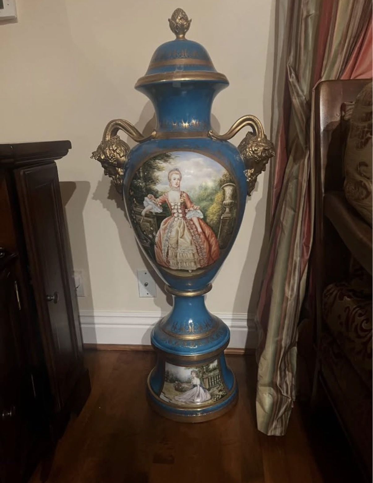 Pair Of Blue Sevres Style Hand painted Urns