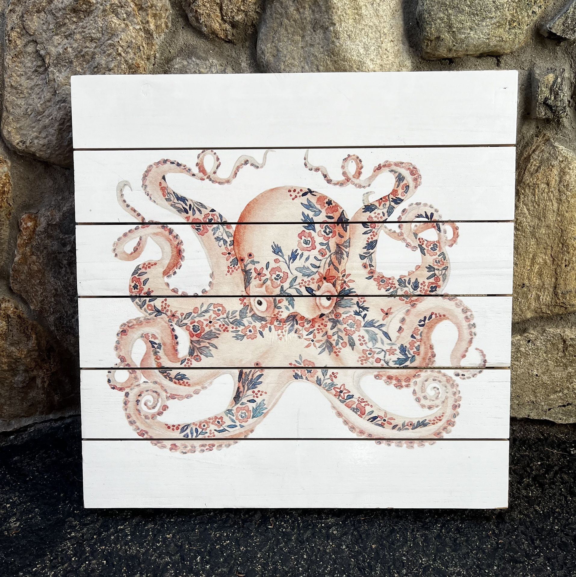“Floral Octopus” painting print on white wood, 18” x 18”