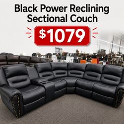 Black leather power reclining sectional sofa with usb port