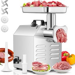 B537 $180  Commercial Meat Grinder,1100 LB/H (19 LBS/Min),1.2HP Heavy-Duty Industrial Grinding Machine with Sausage Stuffing Function, 2 Blades, 2 Gri