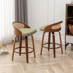 30" Swivel Rattan Bar Stools Set of 2 Mid-Century Modern Faux Leather Upholstered Bar Height Stools Kitchen Island Barstool with Rattan Low Backrest,W