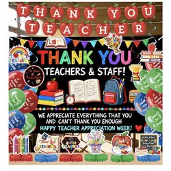 Brand new Teacher Appreciation Decorations Set, 71x43in Fabric Thank You Teachers & Staff Backdrop with Balloons Hanging Swirls Honeycomb Centerpieces