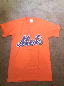 Vintage Majestic Mens Small New York Mets MLB Baseball Henley T Shirt Orange