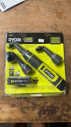 RYOBI USB Lithium Cordless Compact Detail Scrubber Kit w/ 2Ah Battery, Charging Cable, & 2PC Soft/Medium Grout Bristle Brush