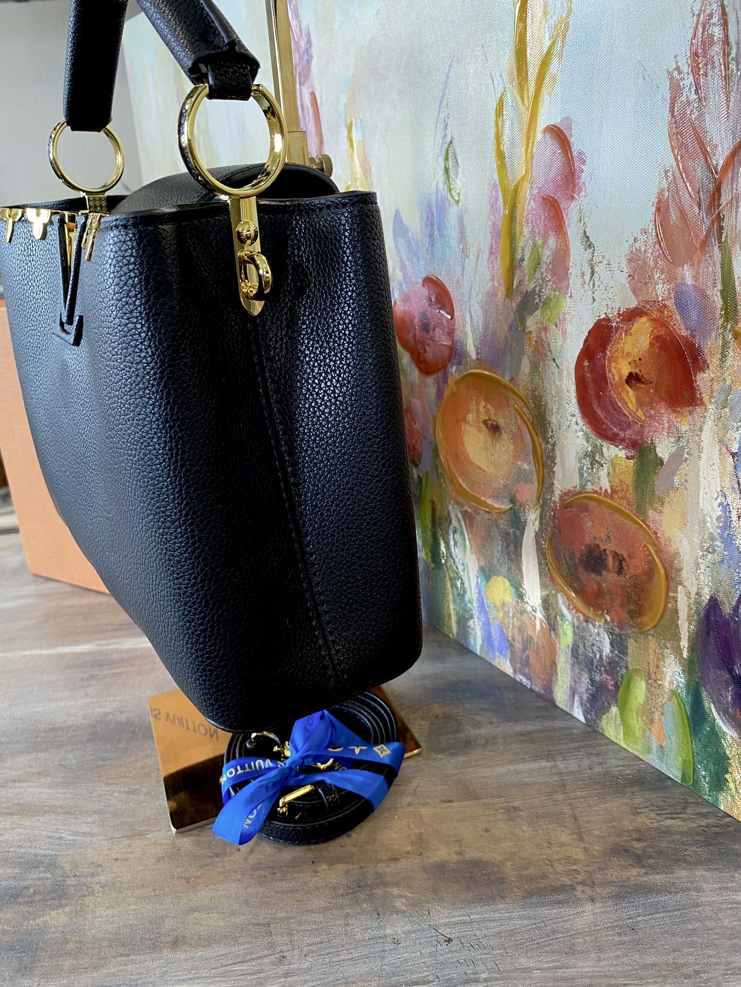 Black leather Handbag W Strap New In Box 