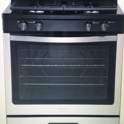 NEW GAS STOVE, WHIRLPOOL STAINLESS, BLACK. OVEN RANGE IN STORAGE 4 BURNERS