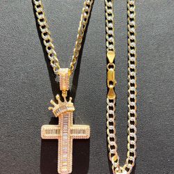 Cross Crown Pendant Necklace Real 925 Sterling Silver Gold 