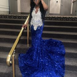 Custom Royal Blue & Silver Prom Dress, Size Medium