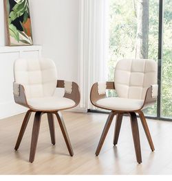 2) Mid Century Modern Swivel Dining Chairs with Arms, Conference Table Chairs Walnut Bentwood Frame, Low Maintenance, PU Leather Seat, Versatile for L