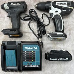 CLEAN Makita 18V Drill Bundle-XDT15 Brushless 1/4” Impact & LXFDO1 1/2”  Lit Ion Dr Driver—With Charger/Battery-Clean Kit w Low Use