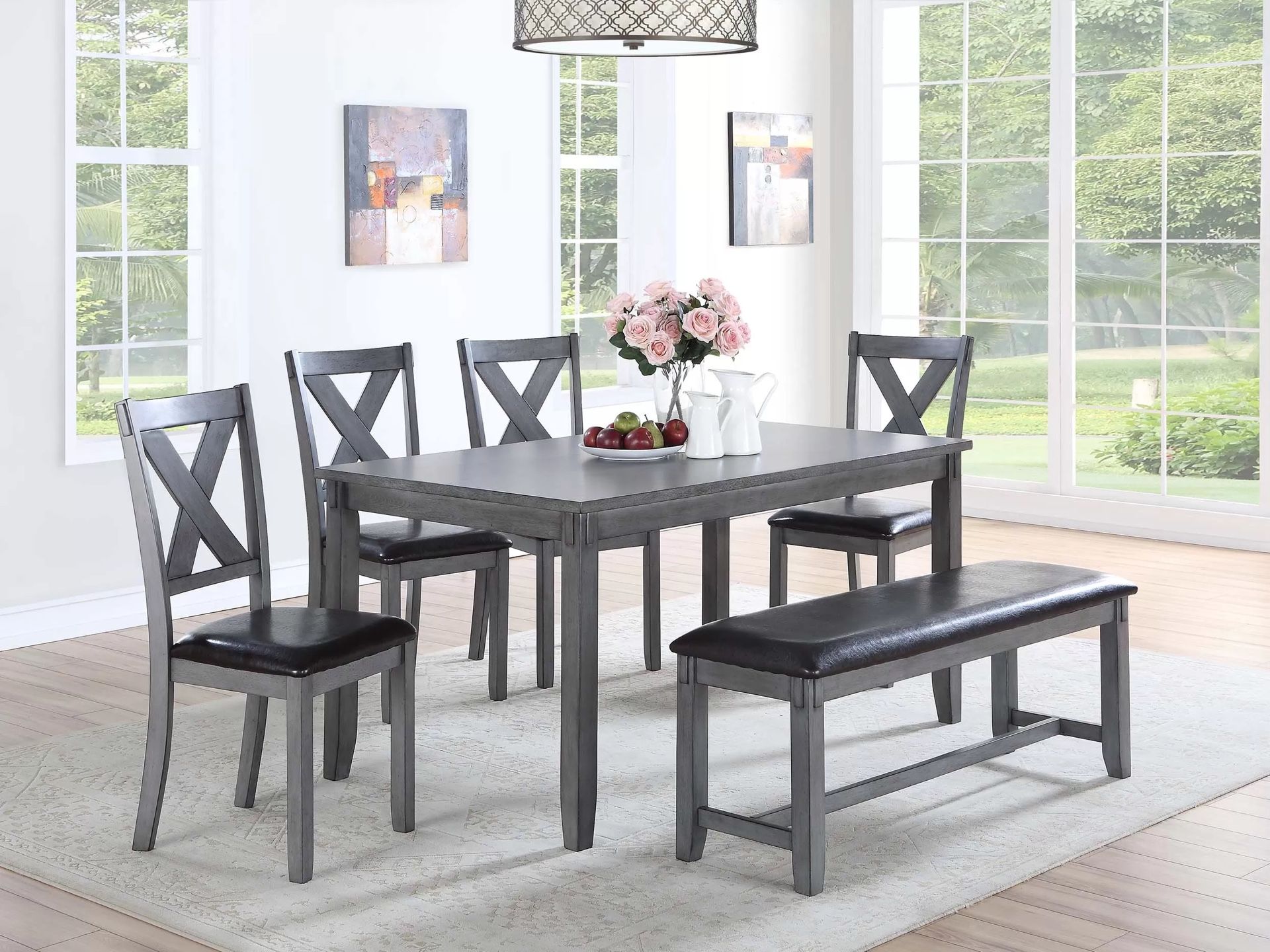 GREY 36x60 DINING TABLE WITH CHAIRS AND BENCH