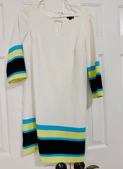 Ann Taylor Women's White with Blue/Green Stripes on 3/4 Sleeves Dress