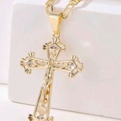 1pc Fashionable Gold Plated, Sparkling Iridescent Jesus Cross Pendant Necklace , Wallet, Purse , Man Bag ,Will Meet In The I.E & San Bernardino Areas 