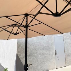 (New in box) $130 Large 15x9 FT Double Sided Umbrella with Weight Base set (Beige color)