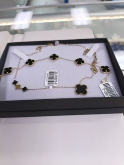 Gold Chain Necklace with Black Clover Motifs and Bracelet