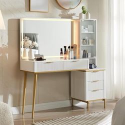 E484 $165  Fluted Makeup Vanity Desk with 36" HD Lighted Mirror, 48" Big Modern Vanity Desk with Mirror and Lights, Dressing Table with 5 Drawers & Sh